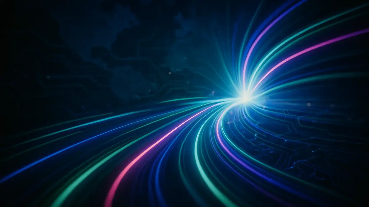 Fasci di luce colorati che rappresentano dati ad altissima velocità che viaggiano attraverso fibre ottiche