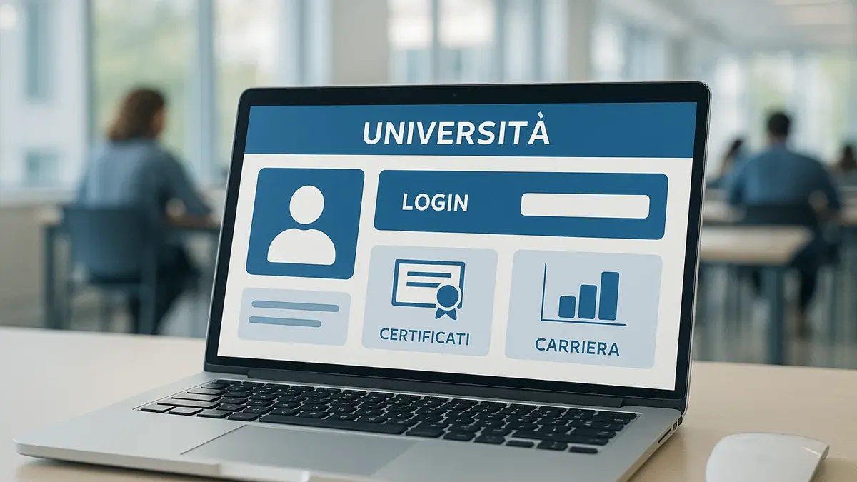 Icona stilizzata di un laptop con lo schermo che mostra un portale universitario e un cursore del mouse