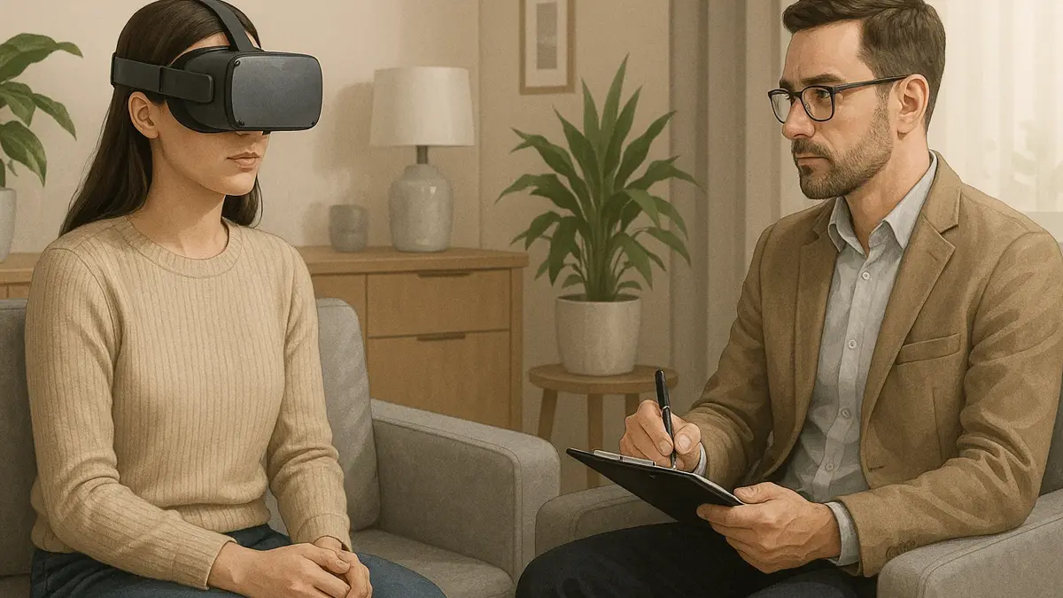 Paziente con visore VR in uno studio medico, seguito da uno psicologo durante una sessione terapeutica