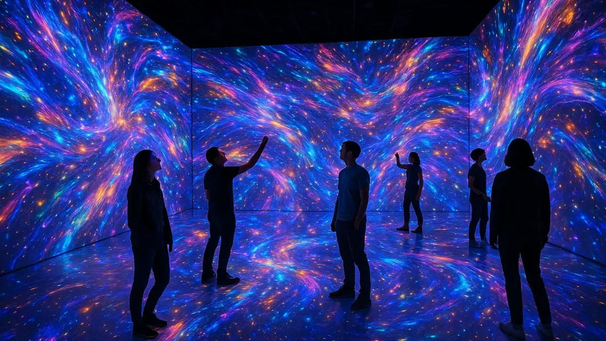 Persone immerse in un’installazione artistica con luci e proiezioni 3D