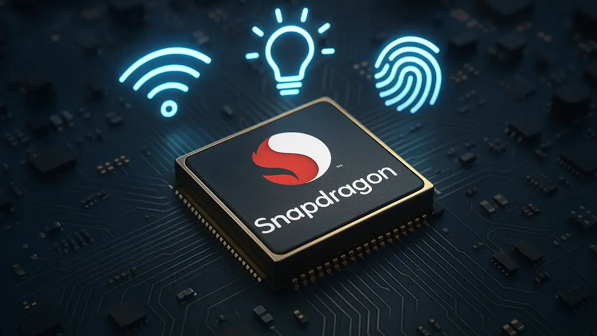 Render di un chip Snapdragon posizionato su una scheda madre di uno smartwatch in fase di assemblaggio