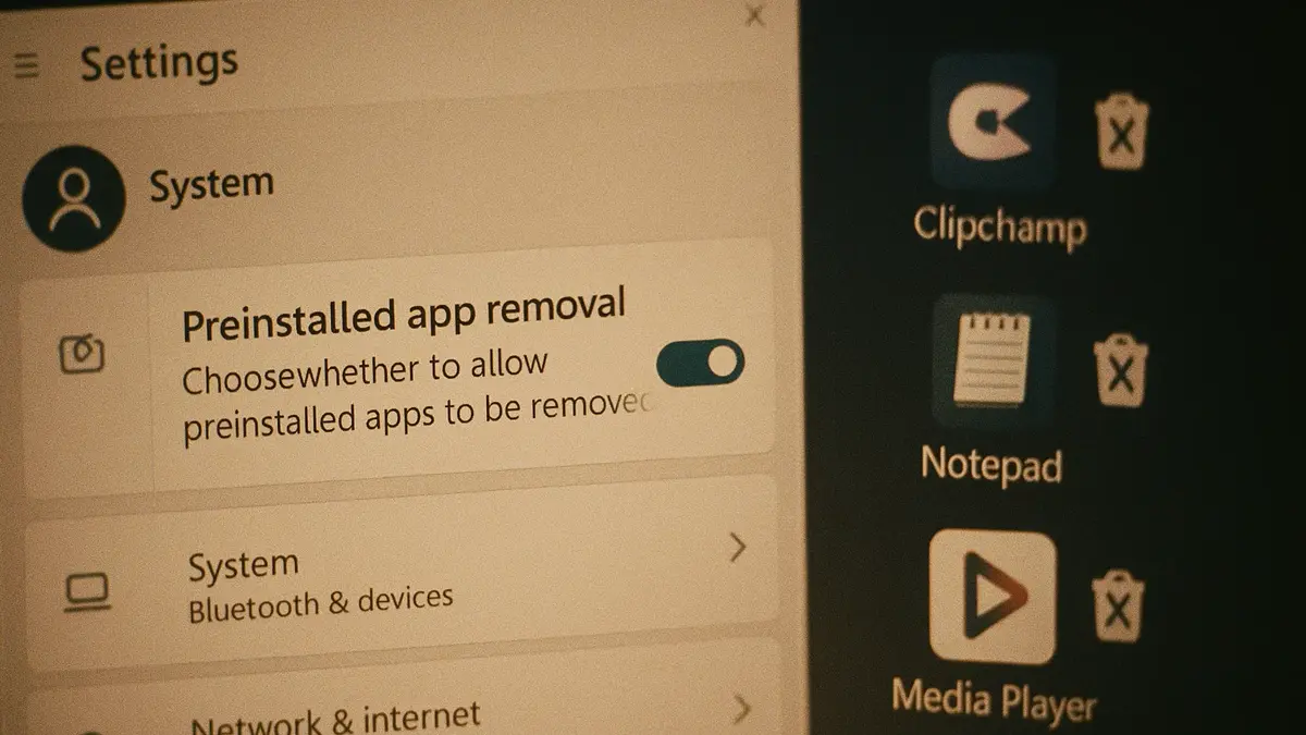 Schermata di Windows 11 con opzione visibile per rimuovere app preinstallate come Clipchamp