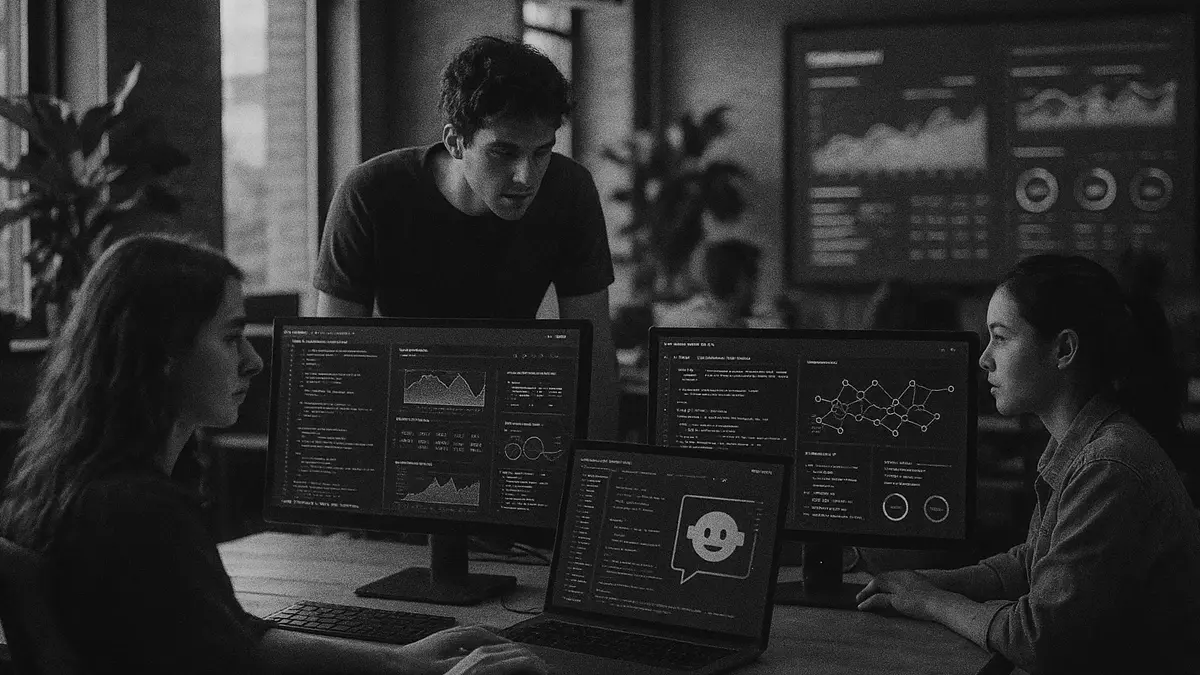Team di startup che lavora con interfacce di intelligenza artificiale in ufficio moderno