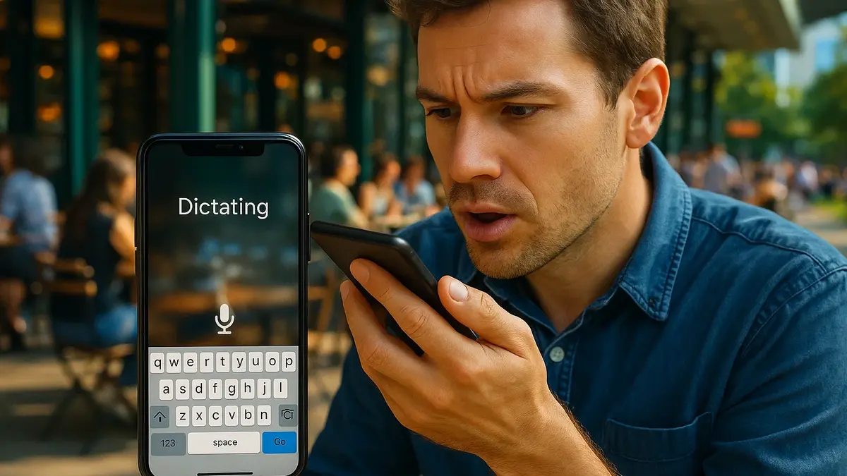 Una mano che tiene uno smartphone con icona del microfono sulla tastiera virtuale