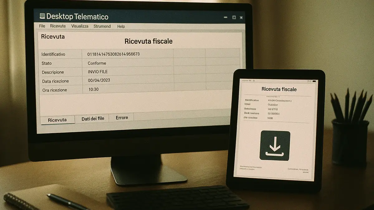 Un'immagine che mostra una scrivania ordinata con un computer su cui è aperto il software Desktop Telematico