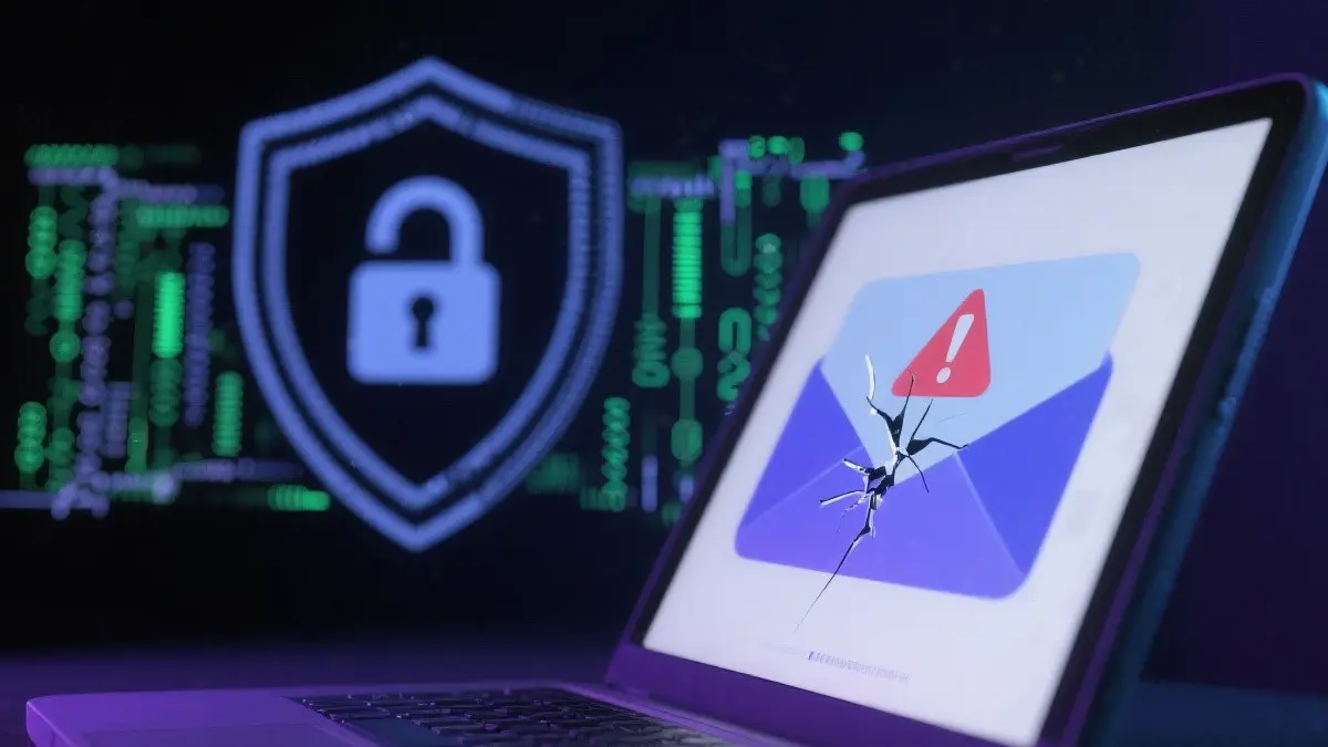 'illustrazione digitale di uno scudo di sicurezza stilizzato che protegge dati e icone di lucchetti