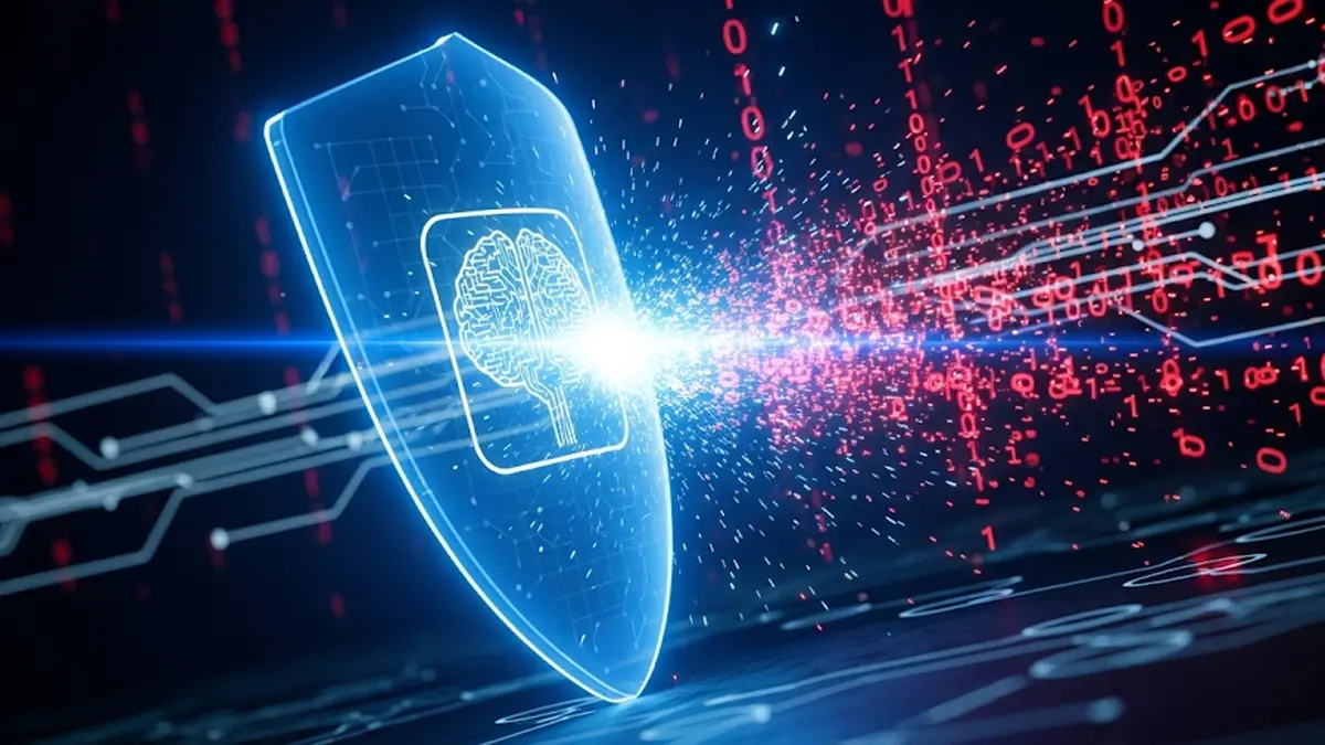 Illustrazione concettuale di uno scudo digitale luminoso che analizza e respinge codice binario rosso rappresentante un attacco malware
