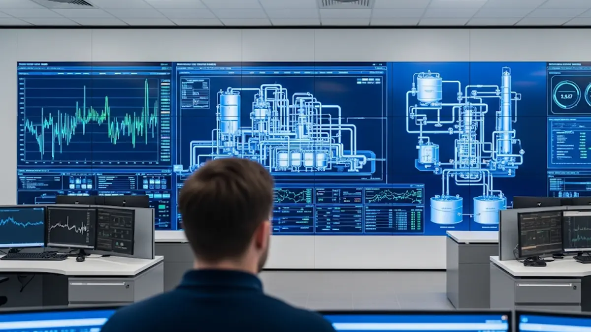 Operatore in una sala di controllo industriale moderna che supervisiona i processi su schermi HMI