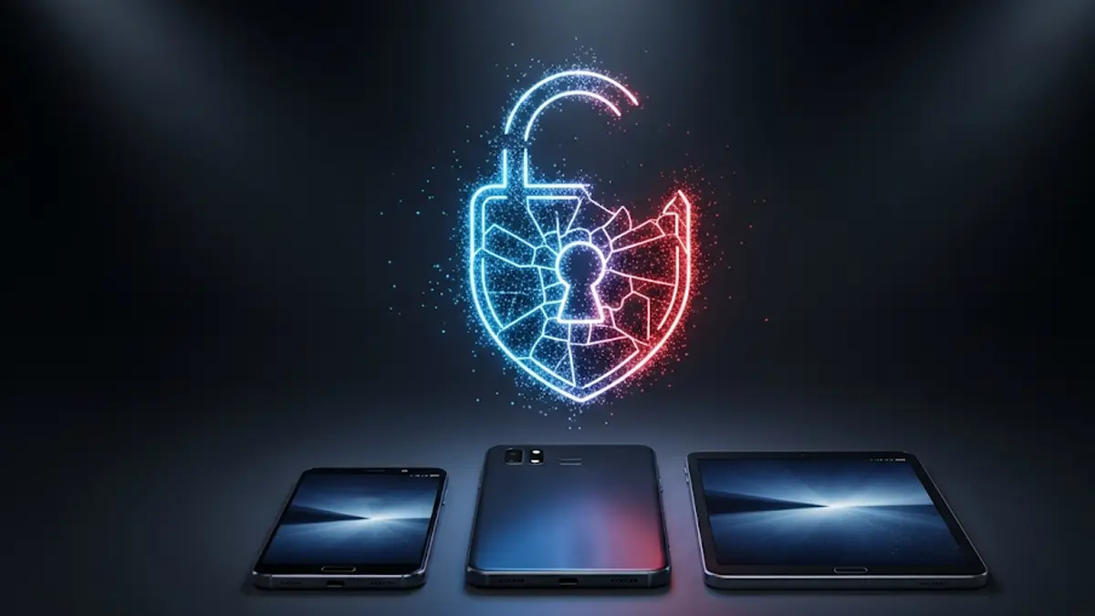 Smartphone e tablet Samsung con un icona di scudo rotto a significare la fine degli aggiornamenti di sicurezza