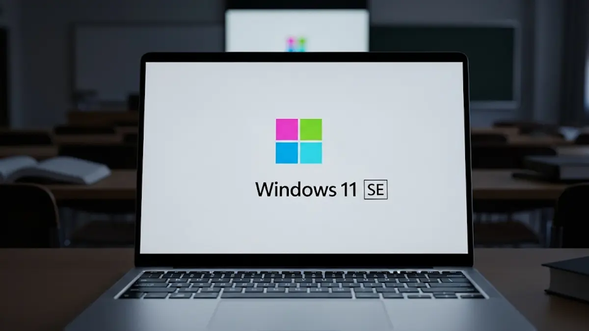 Un primo piano di un laptop aperto che mostra il logo stilizzato di Windows 11 SE sullo schermo