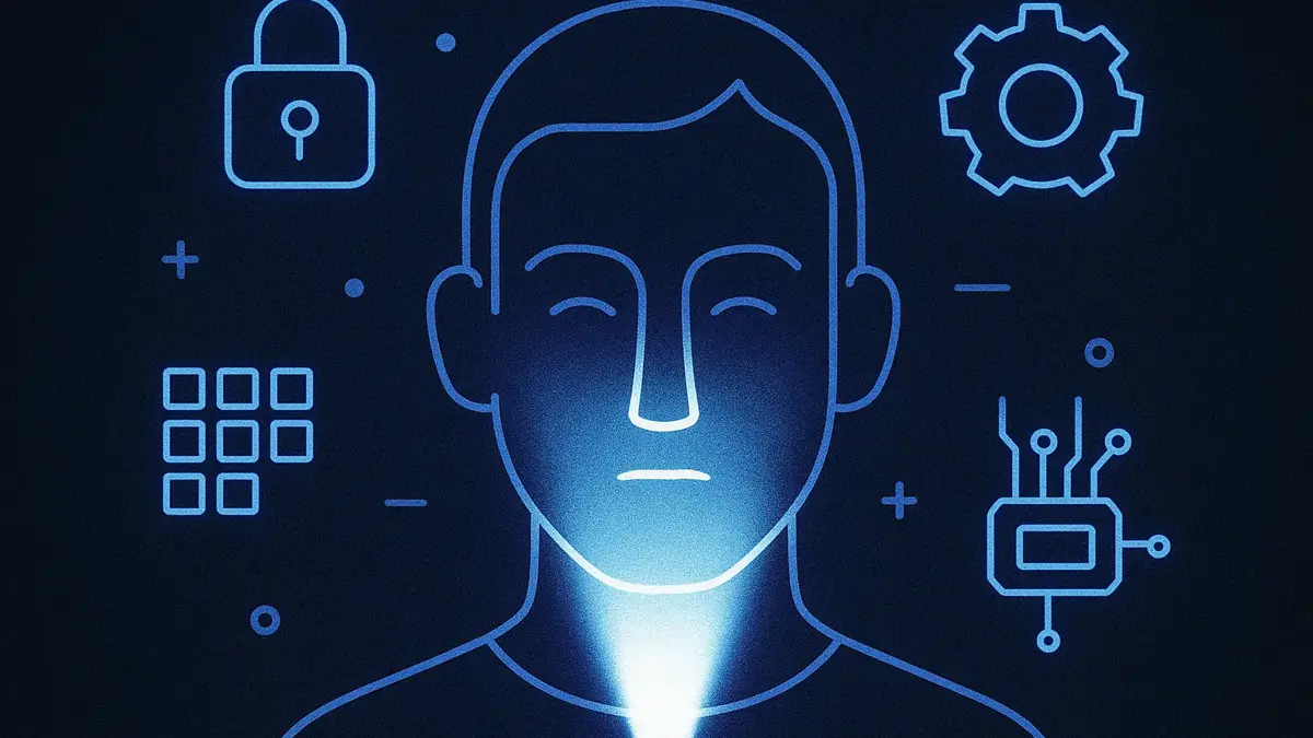 illustrazione minimalista mostra un volto stilizzato che viene scansionato da un sensore digitale
