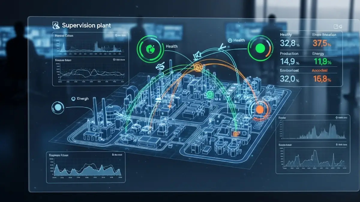 immagine che raffigura un display futuristico e interattivo di un software di supervisione impianti