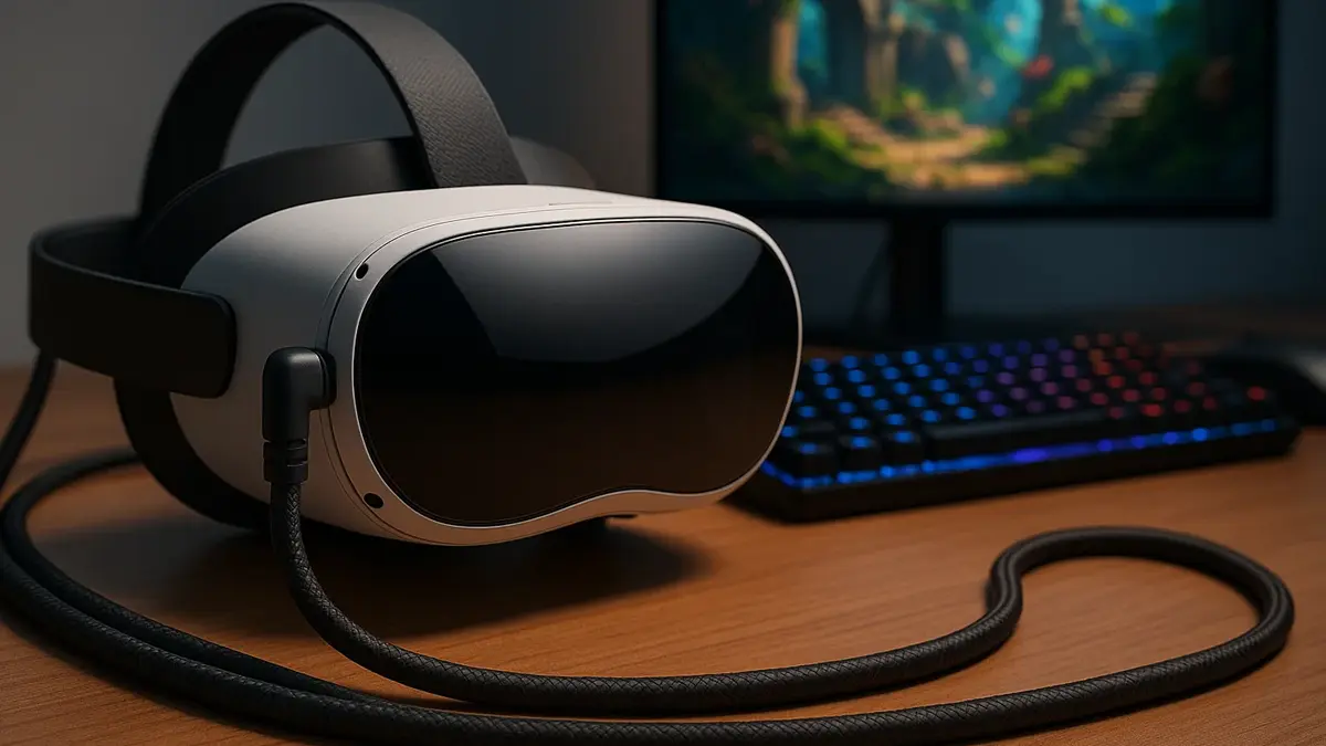 Cavo Link alternativo USB-C con connettore a 90 gradi collegato a un visore Meta Quest 3 su una scrivania da gaming