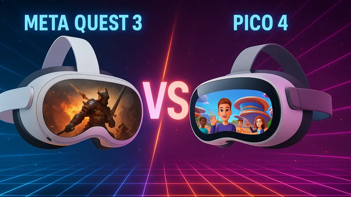 Confronto fianco a fianco tra i visori VR Meta Quest 3 e Pico 4 su uno sfondo tecnologico