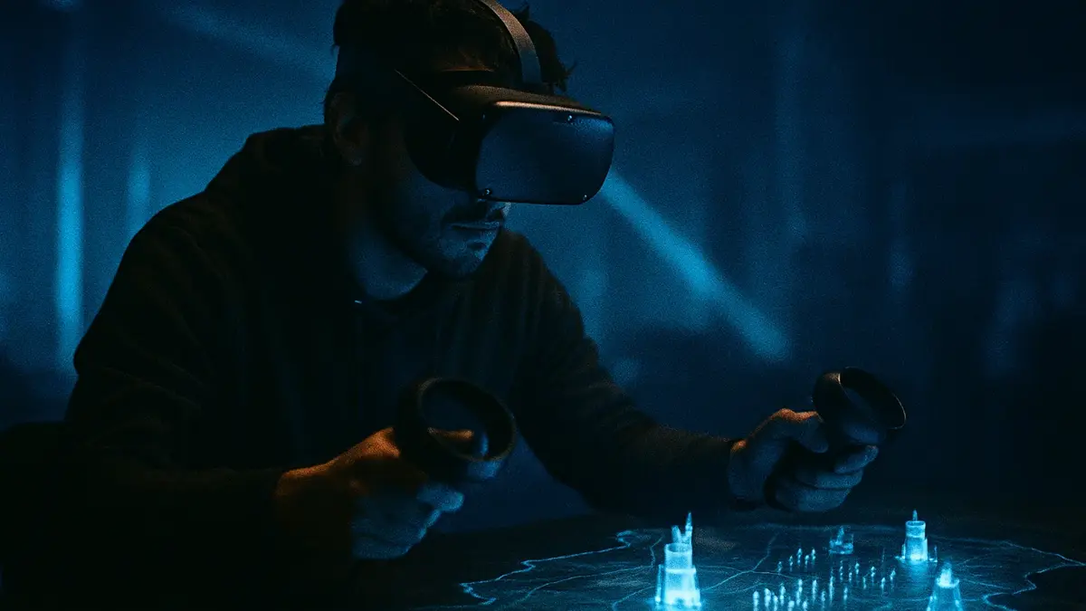 Giocatore con visore VR che controlla una mappa di battaglia virtuale