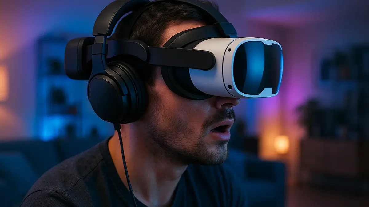 Primo piano di una persona che indossa un visore VR equipaggiato con una cinghia comfort aftermarket