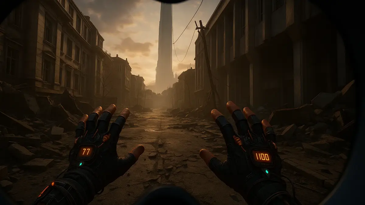 Un giocatore indossa un visore Meta Quest 3 mentre esplora un ambiente dettagliato e suggestivo di Half-Life Alyx