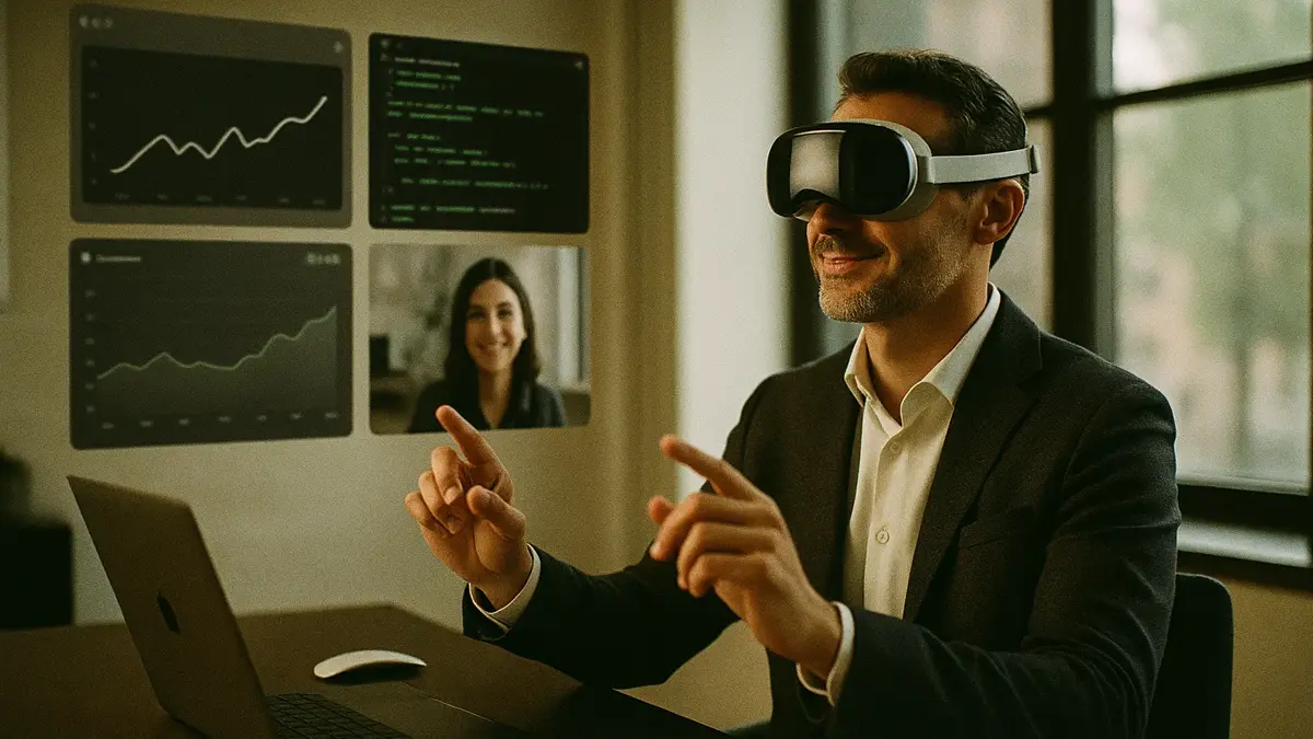 Un professionista utilizza Apple Vision Pro nel suo ufficio