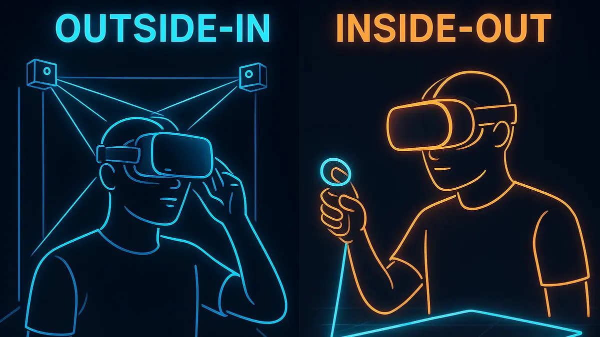 Una comparazione grafica che mostra da un lato un utente VR con visore e stazioni base esterne