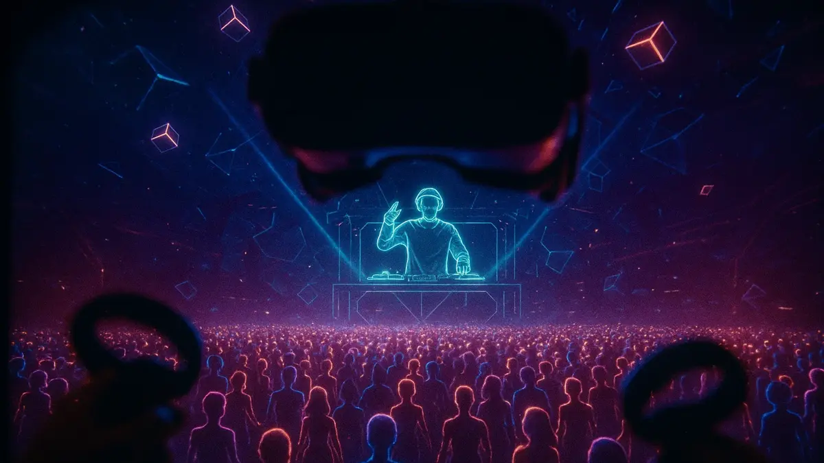 Una persona indossa un visore VR mentre assiste a un concerto virtuale con luci al neon e un palco digitale in primo piano