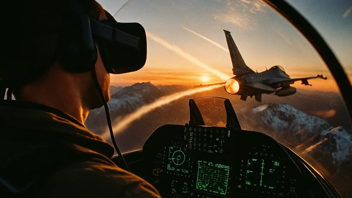 Vista immersiva dal cockpit di un aereo da caccia in un simulatore di volo VR