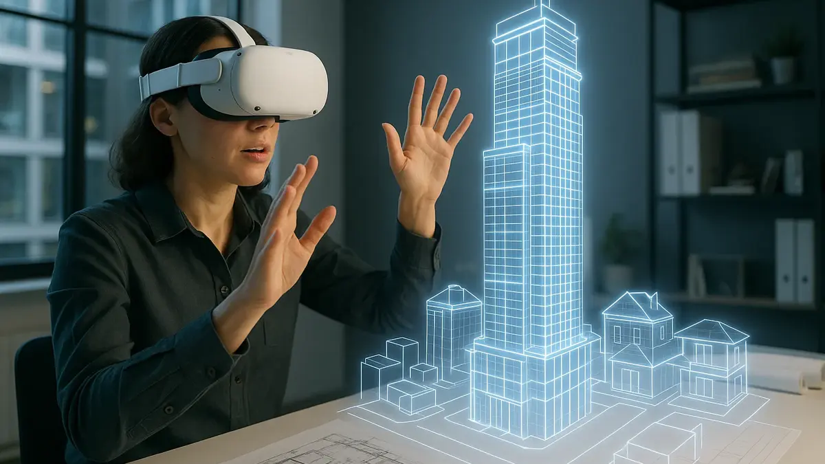 Architetto con visore VR che esplora un modello 3D immersivo di un edificio moderno