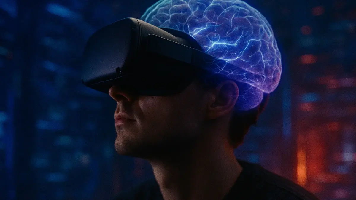 Cervello umano immerso in realtà virtuale con luci digitali e visore VR