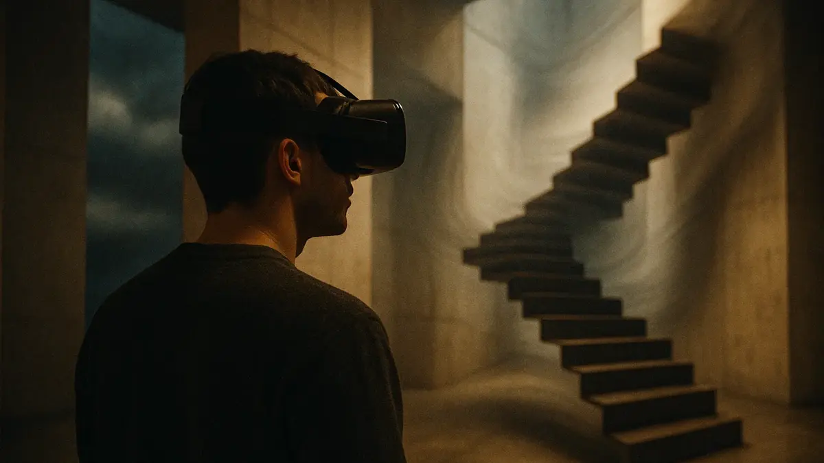Rappresentazione di un utente VR confuso davanti a una scala virtuale