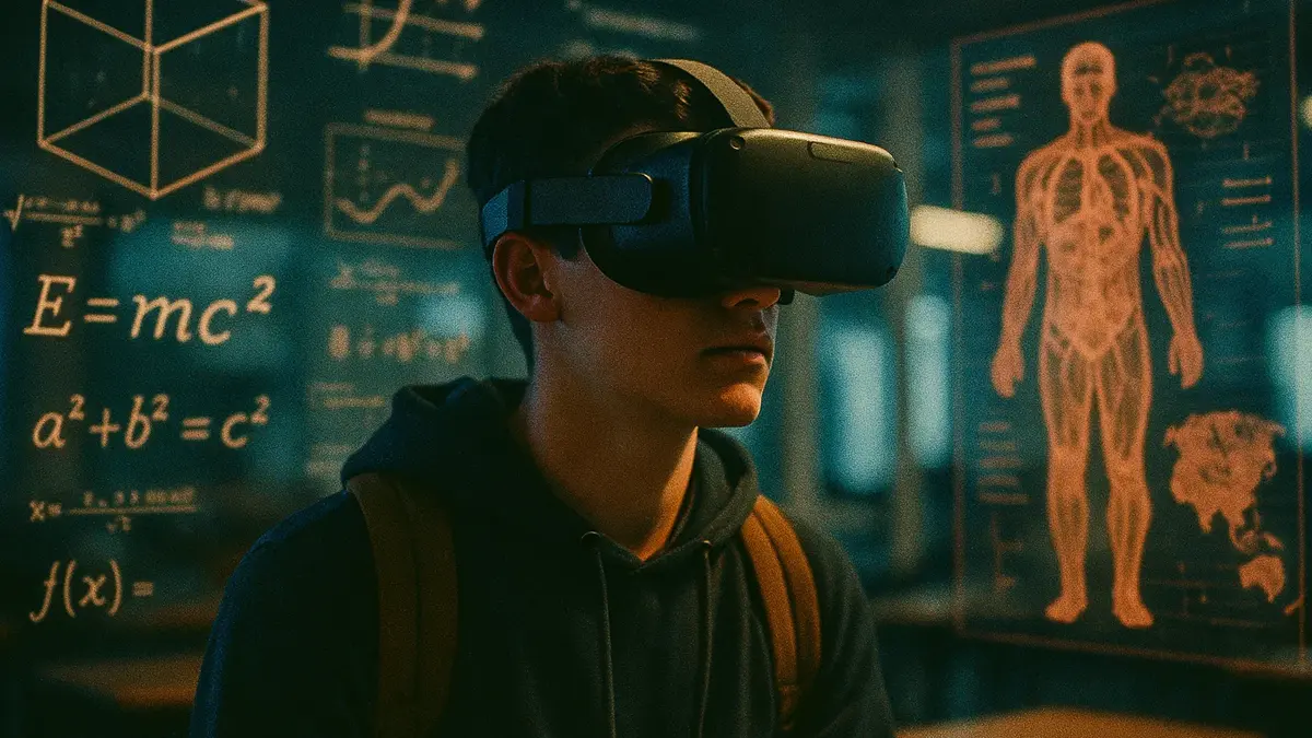 Studente con visore VR mentre apprende con modelli 3D immersivi