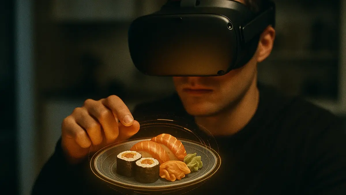 Un utente con visore VR che mangia un piatto virtuale