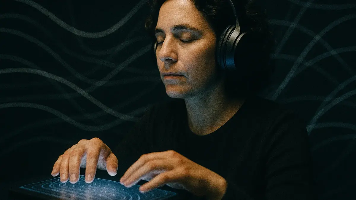 Una persona non vedente con cuffie over-ear